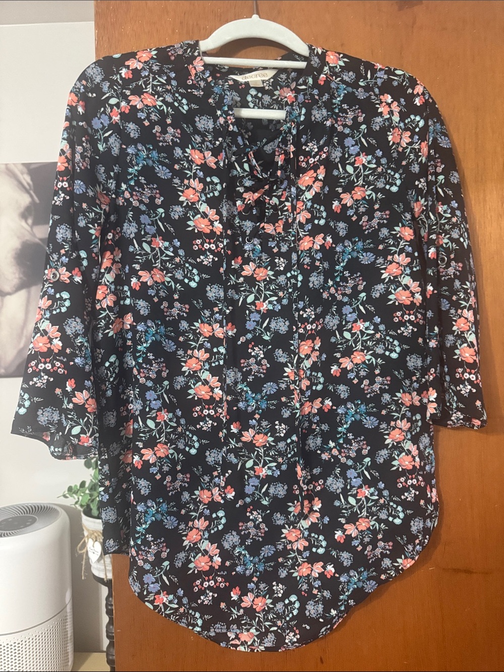 Decree Black Floral Tie-Neck Blouse with Coral & Blue Accents